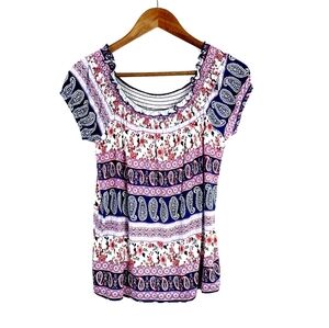 Ultra Flirt Short Sleeve Paisley Print Blouse Top Womens Size Large L‎ Rayon